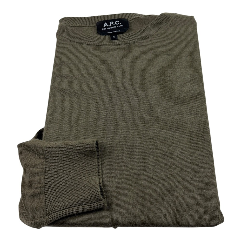 APC Mens Olive Green Cotton Cashmere Crewneck Sweater Small Logo 23E2-COGCN
